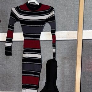 Striped Knit Dress - Red, Black, Gray